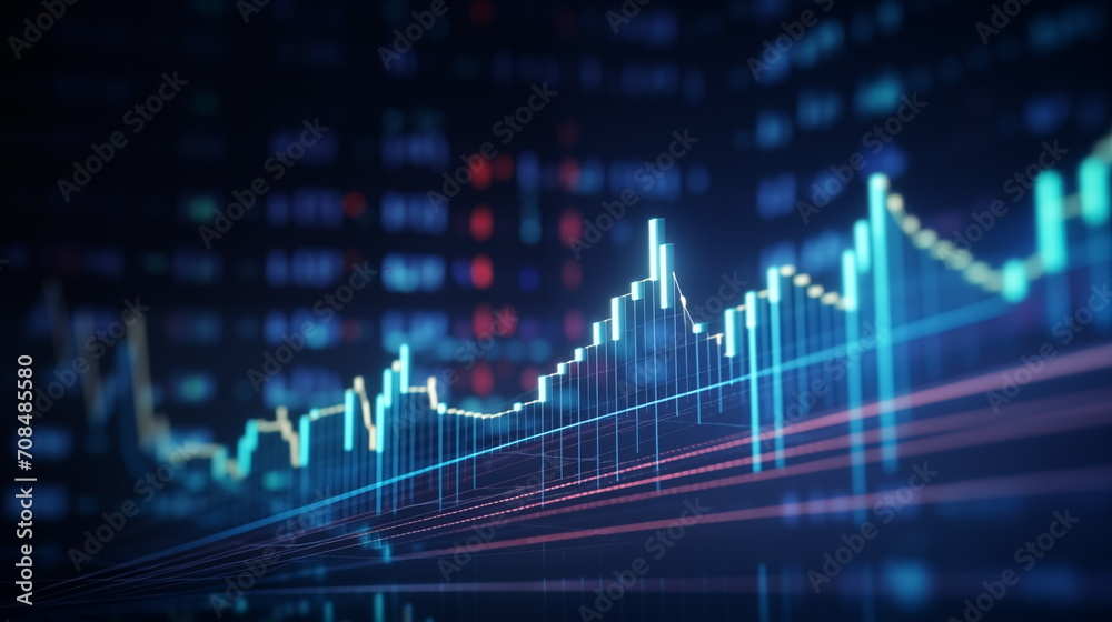 Stock market or forex trading graph and chart investment. Candlestick. Blue background, blur, Generated AI