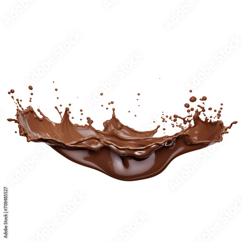 Chocolate splashes isolated on white or transparent background. Close-up of a splash of fresh milk chocolate. An element to be inserted into a design or project.