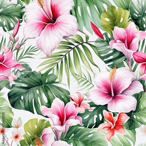 Tropical seamless pattern with bright hibiscus flowers and exotic palm leaves on white background. Exotic floral jungle backdrop. Botanical wallpaper in Hawaiian style