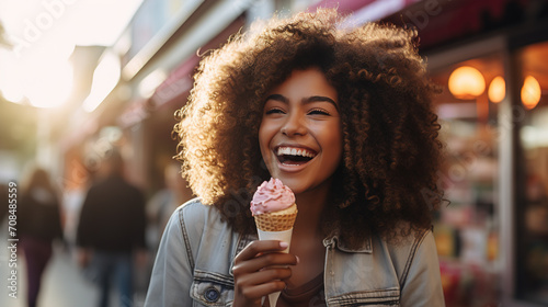 Summer concert. Glad positive woman holds tasty frozen ice cream, enjoy eating delicious cold dessert, poses on background, feels happy. photo