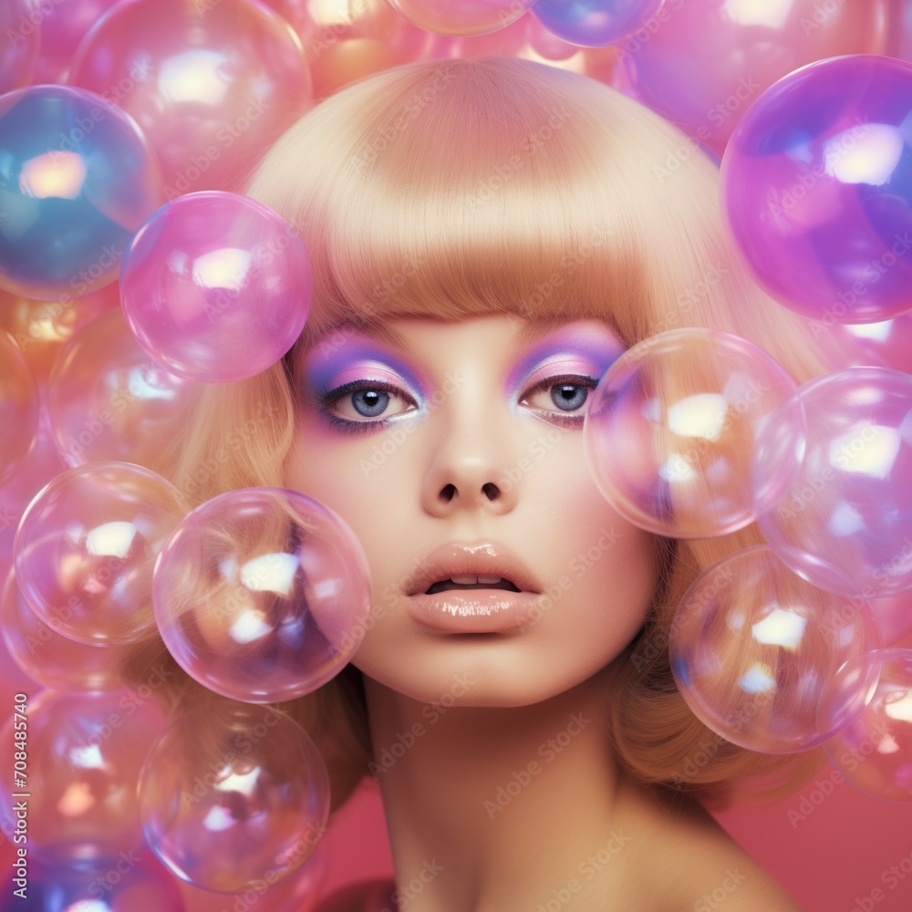 Closeup portrait of a woman with blonde hair and blue eyes surrounded by pink and blue bubbles