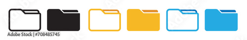 computer open data folder vector icon set in black, yellow and blue color. desktop save file ui symbol. information document organize folder sign.