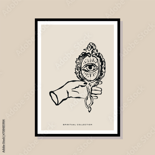 Sacred mystic hand with eye magical protection. Illustration for modern poster design, banner, packaging