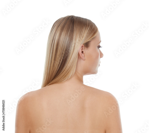 Back woman and cosmetics in studio for hair care with keratin treatment, shampoo shine and mock up. Model, person and soft hairstyle, texture and cosmetology with skincare on white background