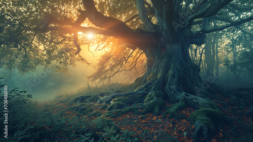 fog landscape with old magic tree photo