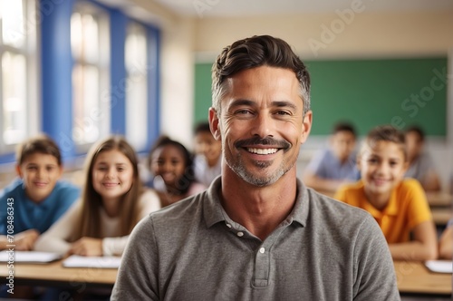 Portrait of smiling male teacher in a class at elementary school looking at camera with learning students on background © WrongWay