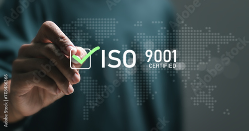 Принти на полотні ISO 9001 Standard certification standardisation quality control concept, businessman choose ISO 9001 icons for certified and quality management of organizations
