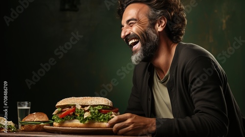 Laughing man eating a large sandwich