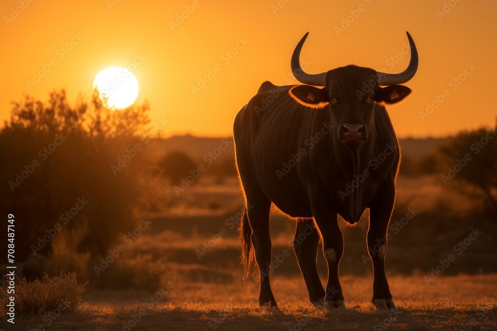 Spanish toro bull on sunset view. Fighting dangerous torero cattle animal. Generate ai Spanish toro bull on sunset view. Fighting dangerous torero cattle animal. Generate ai
