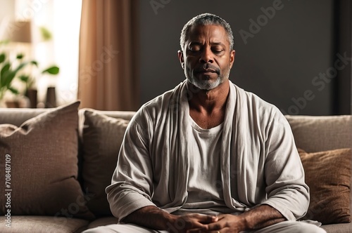 Middle aged black man meditating at home with eyes closed, relaxing body and mind in a living room
