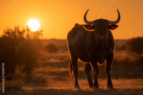 Spanish toro bull on sunset view. Fighting dangerous torero cattle animal. Generate ai