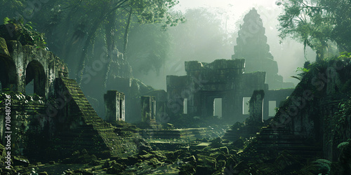 ancient and overgrown mayan temple ruins in the jungle, lost place in the amazon rainforest photo