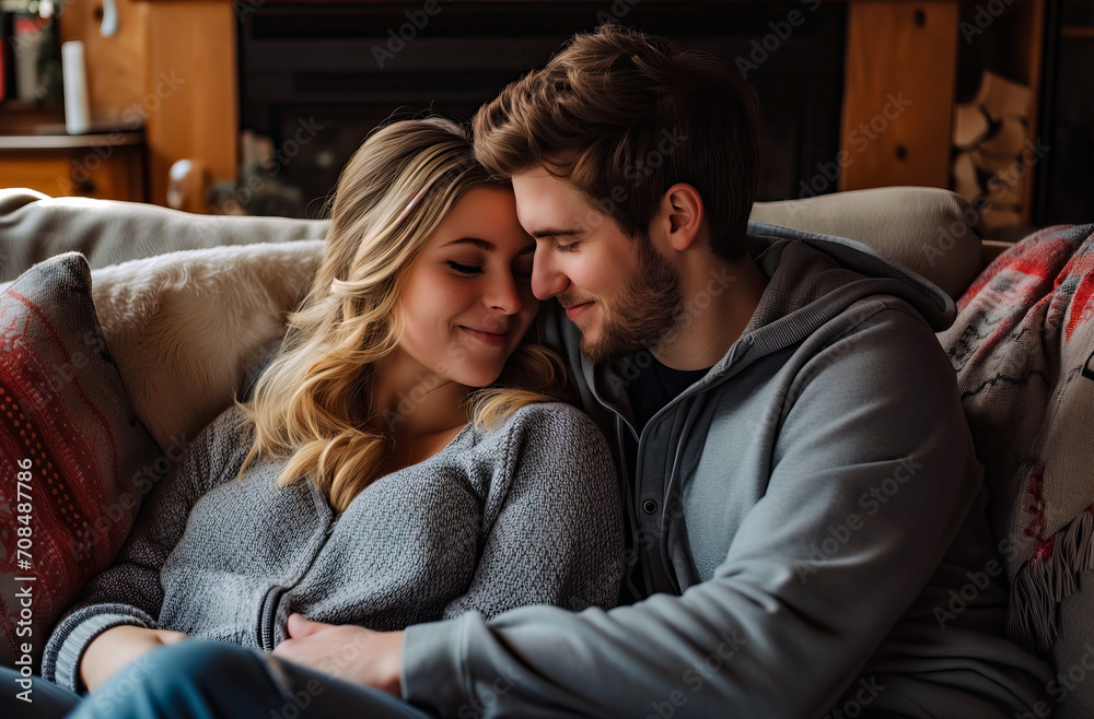 sweet couple in love hugging each other while sitting in a sofa sweet couple in love hugging each other while sitting in a sofa