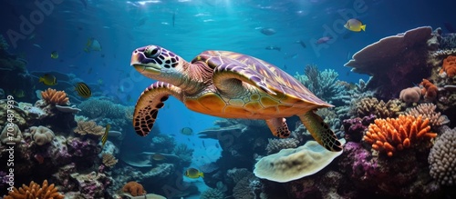 Hawksbill turtle navigating Bali's underwater world among coral.
