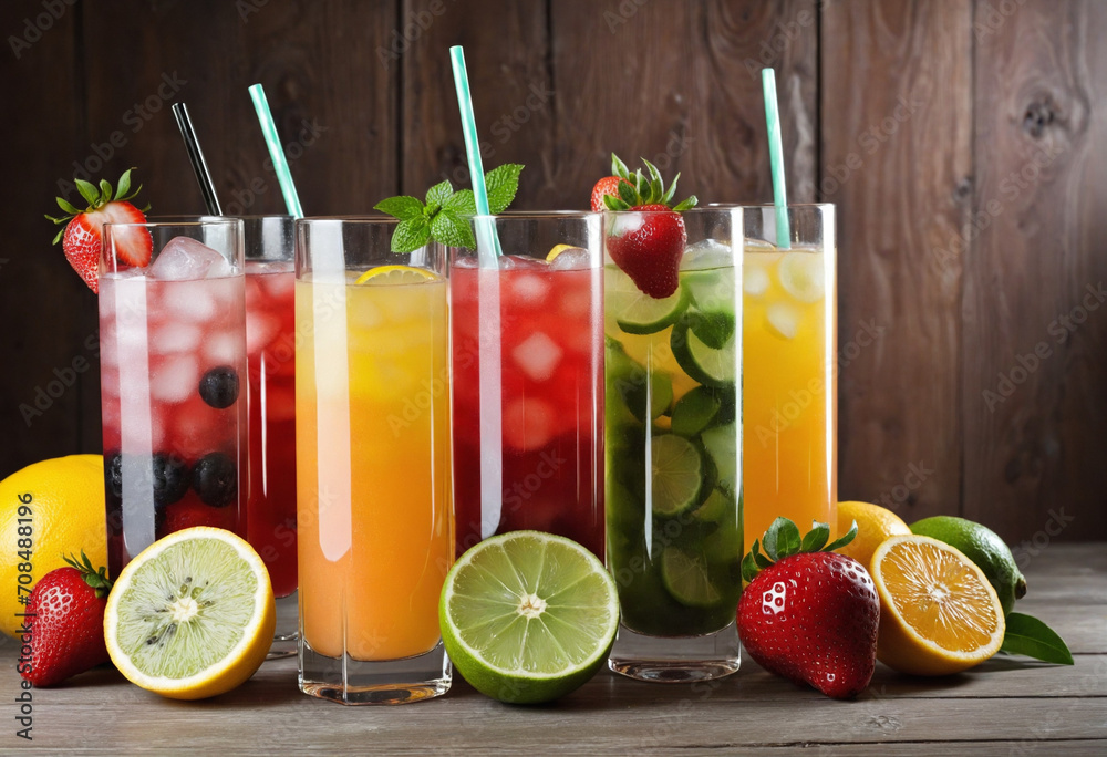 Variety of chilled fruit beverages on rustic wooden surface Variety of chilled fruit beverages on rustic wooden surface