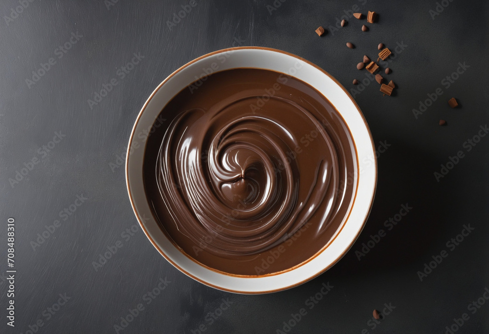 Chocolate dessert in ceramic bowl with dark chocolate pieces on concrete - obrazy, fototapety, plakaty 