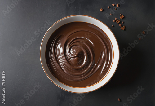 Chocolate dessert in ceramic bowl with dark chocolate pieces on concrete photo