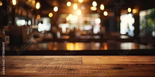 Abstract blurred wooden table in modern urban setting. Empty bar counter with bokeh lights ideal for lifestyle restaurant or cafe concepts photo