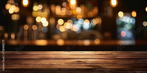 Abstract blurred wooden table in modern urban setting. Empty bar counter with bokeh lights ideal for lifestyle restaurant or cafe concepts