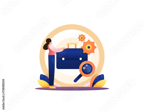 Search for job vacancies and projects. Looking for a project and a job. job seeker with briefcase and magnifying glass. services and information. flat illustration concept design. graphic elements