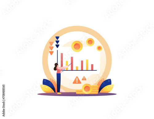 Sales, income, and profits have decreased. Finances continue to decline. Data analyst or financial manager and data reports. business matters. flat illustration concept design. graphic elements. Vecto