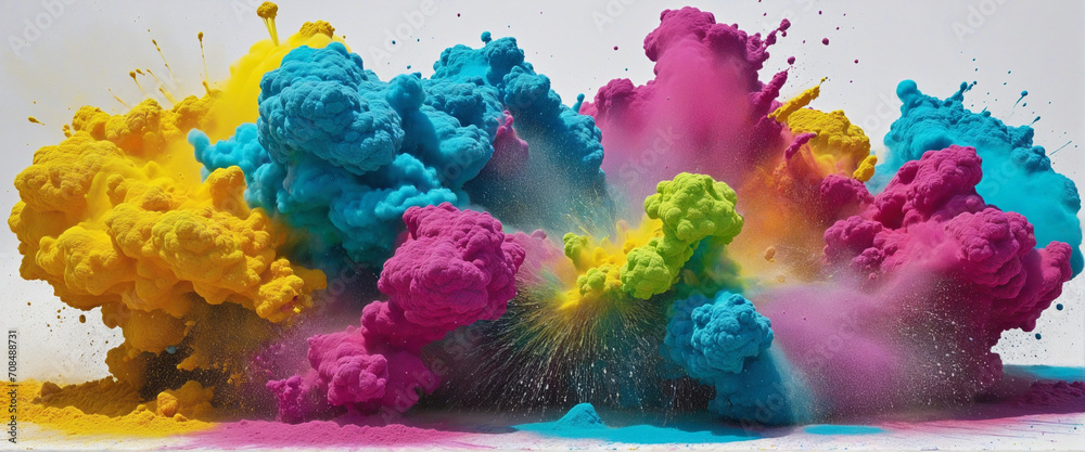 Vibrant Holi Paint Color Powder Explosion on White Wide Panorama Background