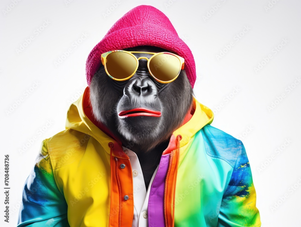 fashion photo. stylish gorilla posing in bright modern clothing and sunglasses in the studio fashion photo. stylish gorilla posing in bright modern clothing and sunglasses in the studio