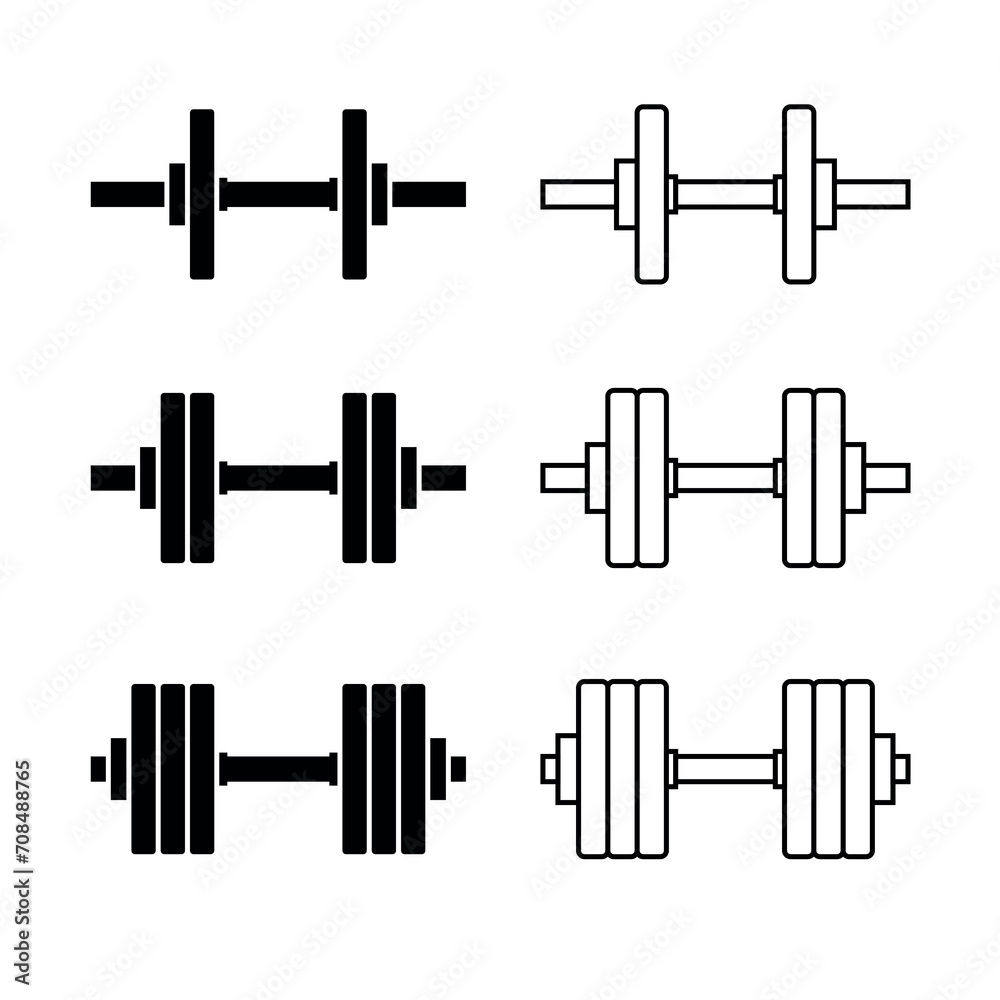 Dumbbell icons set. Symbol of strength or training. An attribute of sport, achievement, or athlete. Dumbbell icons set. Symbol of strength or training. An attribute of sport, achievement, or athlete.