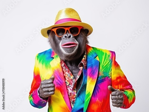 fashion photo. stylish gorilla posing in bright modern clothing and sunglasses in the studio photo