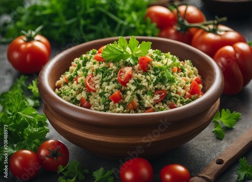 Tabbouleh - traditional middle eastern salad with couscous, tomatoes and parsley
