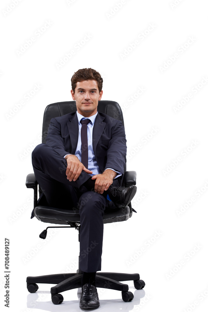 Businessman, portrait and manager sitting in a chair with white background or mock up space in studio. Serious, entrepreneur and waiting on seat with professional style, fashion or suit for work Businessman, portrait and manager sitting in a chair with white background or mock up space in studio. Serious, entrepreneur and waiting on seat with professional style, fashion or suit for work