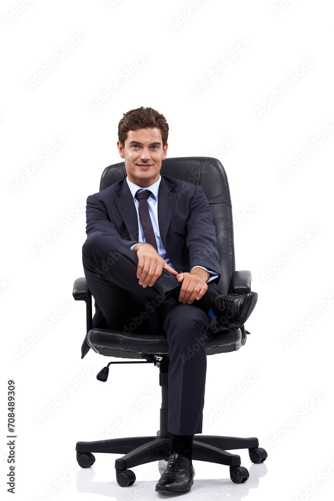 Happy, businessman and portrait of manager in a chair with white background or mock up space in studio. Confident, entrepreneur and relax on seat with professional style, fashion or suit for work Happy, businessman and portrait of manager in a chair with white background or mock up space in studio. Confident, entrepreneur and relax on seat with professional style, fashion or suit for work