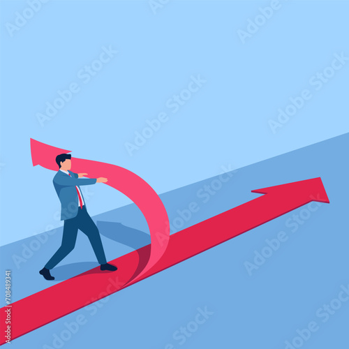 the person splits the arrow into two opposites, a metaphor for business separation. Simple flat conceptual illustration.