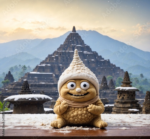 Hindu temple in Bali, Indonesia with snow and happy mascot