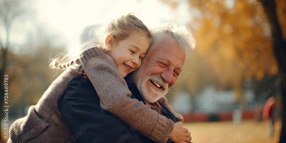 Obraz premium Old grandfather hugs his young granddaughter outside in the park. blurred background