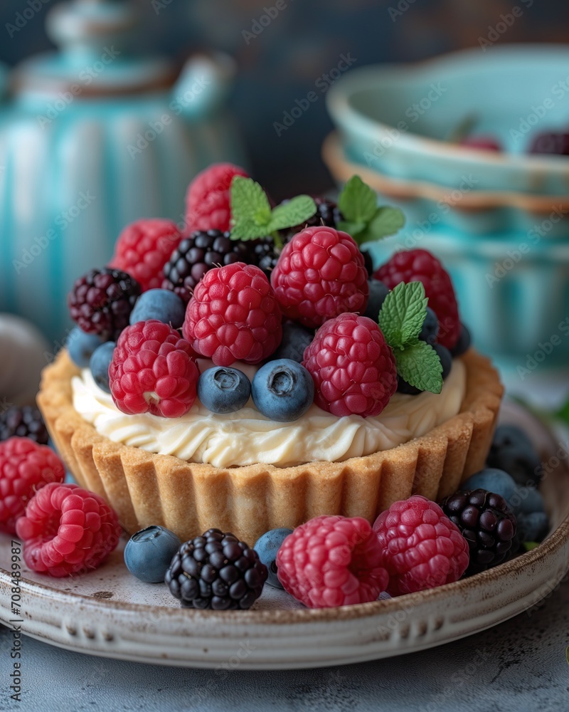Homemade berry tart in a cozy rustic summer still life Homemade berry tart in a cozy rustic summer still life