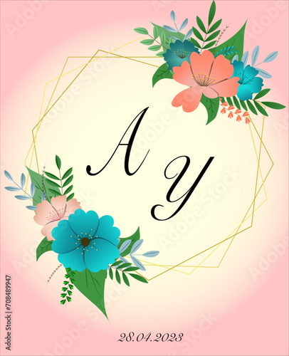 wedding invitation with floral frame in delicate shades with letters 