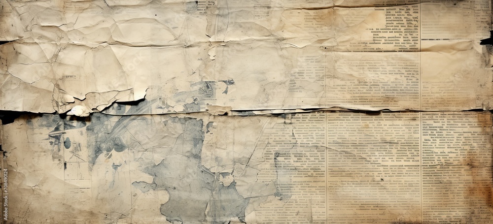 Obraz premium old, wrinkled newspaper page photo of vintage and aging paper texture, in the style of rendered in cinema4d, fragmented advertising. 