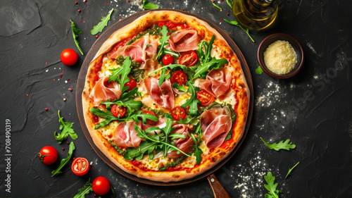 Italian pizza with prosciutto, arugula and cherry tomatoes on a dark background.