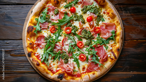 Pizza with prosciutto, arugula and tomatoes on wooden table