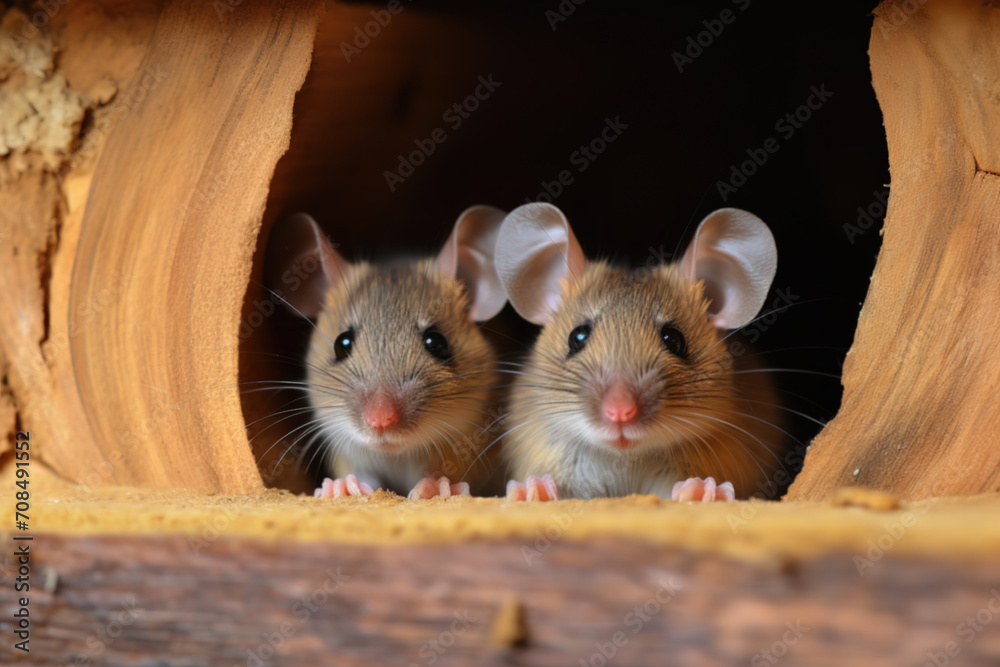 Obraz premium Two mice look out of their hole