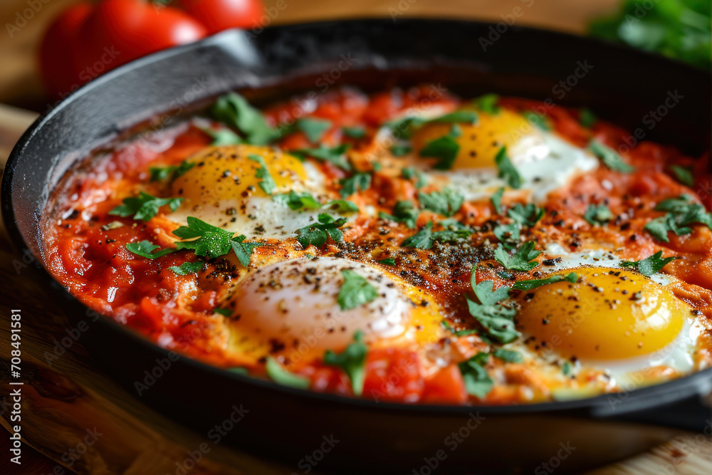 Shakshuka with tomatoes, eggs and parsley in a frying pan Shakshuka with tomatoes, eggs and parsley in a frying pan