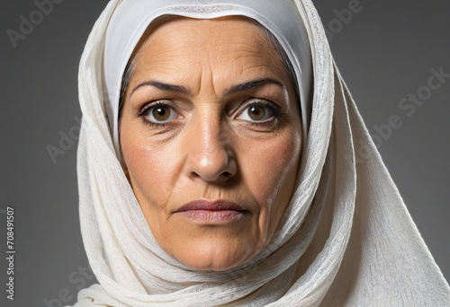 Respectful Middle Eastern Muslim senior woman in headscarf posing on the street photo