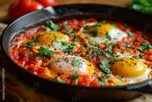 Shakshuka with tomatoes, eggs and parsley in a frying pan