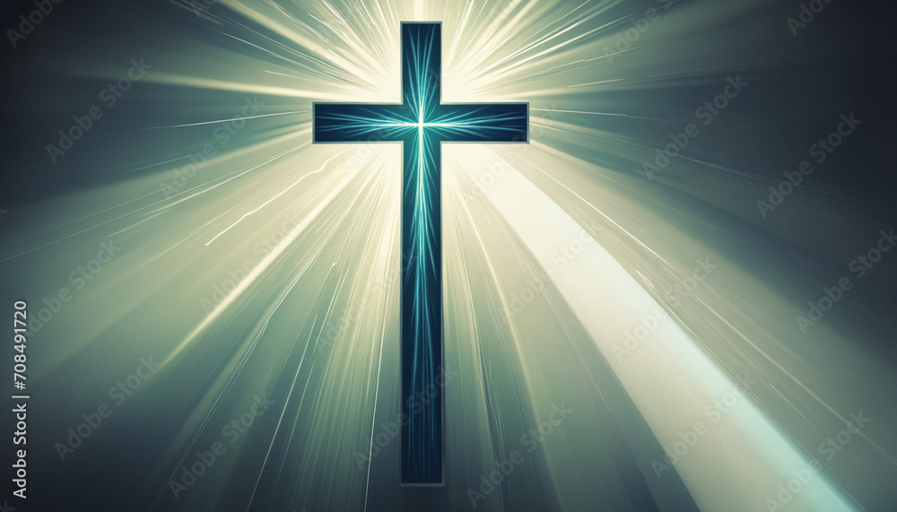 Abstract light rays radiating from a Christian cross, creating a graphic image.