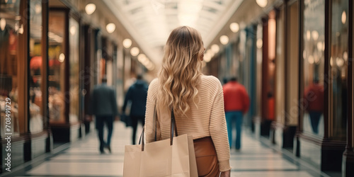 A beautiful model woman walking with shopping bags buying clothes in stores on a paris street in france. fashionable lady with high heels. from behind. perfect for a advertisement photo