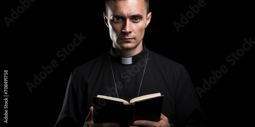 A catholic christian church priest wearing black cassock robe holding the holy bible book in his hands. face seen. isolated on dark grey / black background photo