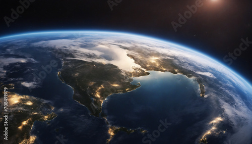 Bird s eye view of Earth from space. City lights shining  clouds softly glowing.