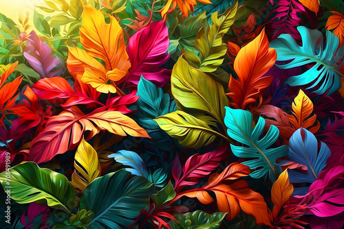 "Vivid Foliage Symphony: Multicolor Leaves Dance in Tropical Paradise" AI-generated. © amna artist