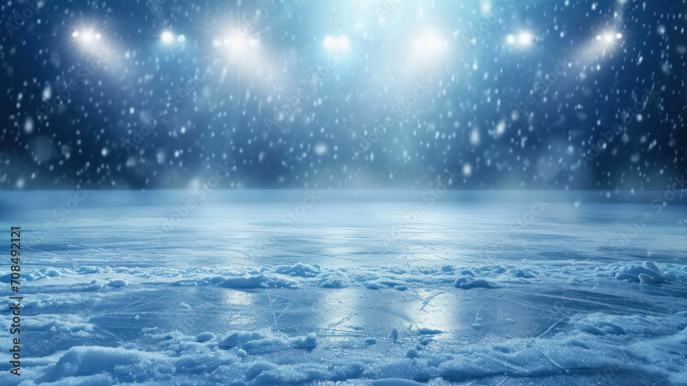 Naklejka premium Snow and ice background. Empty ice rink illuminated by spotlights